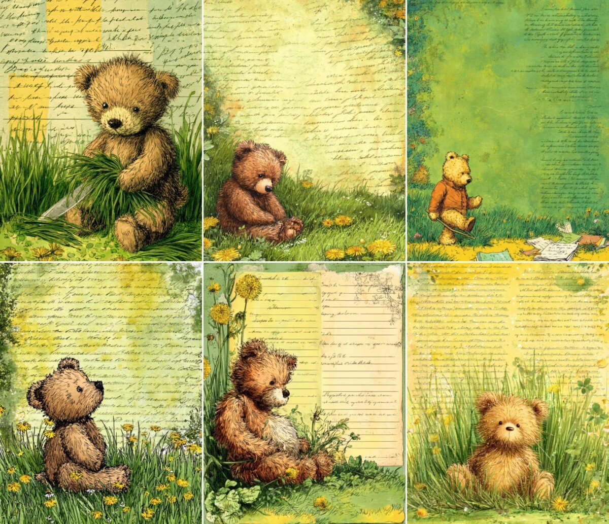 Teddy bears with yellow flowers and layered script paper