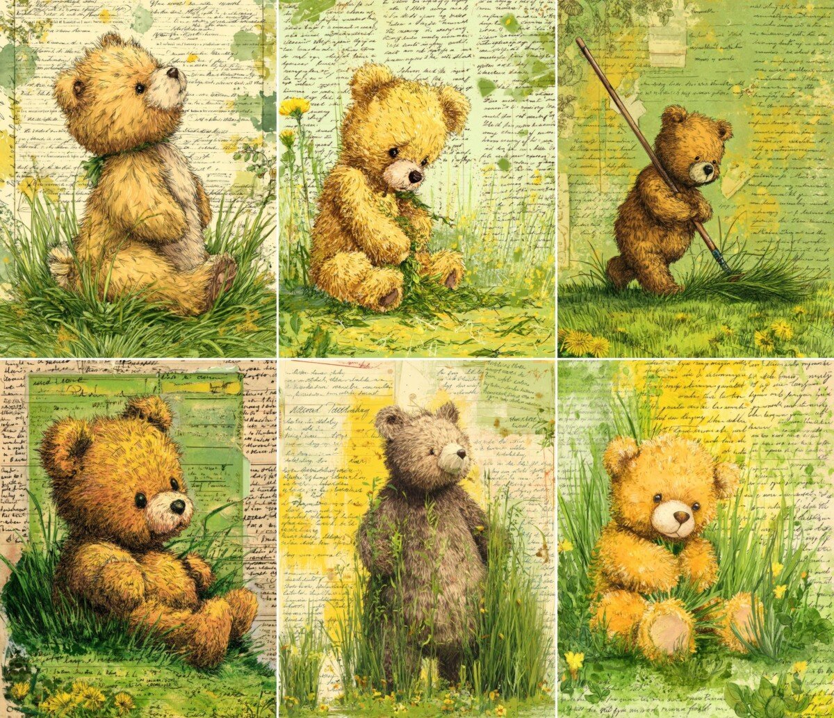 Storybook bears on textured handwritten backgrounds