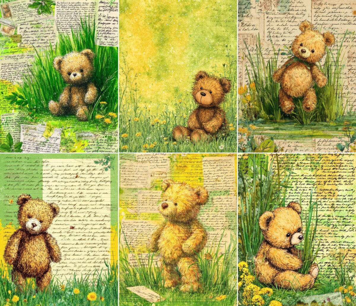 Teddy bear scrapbook paper with spring garden details