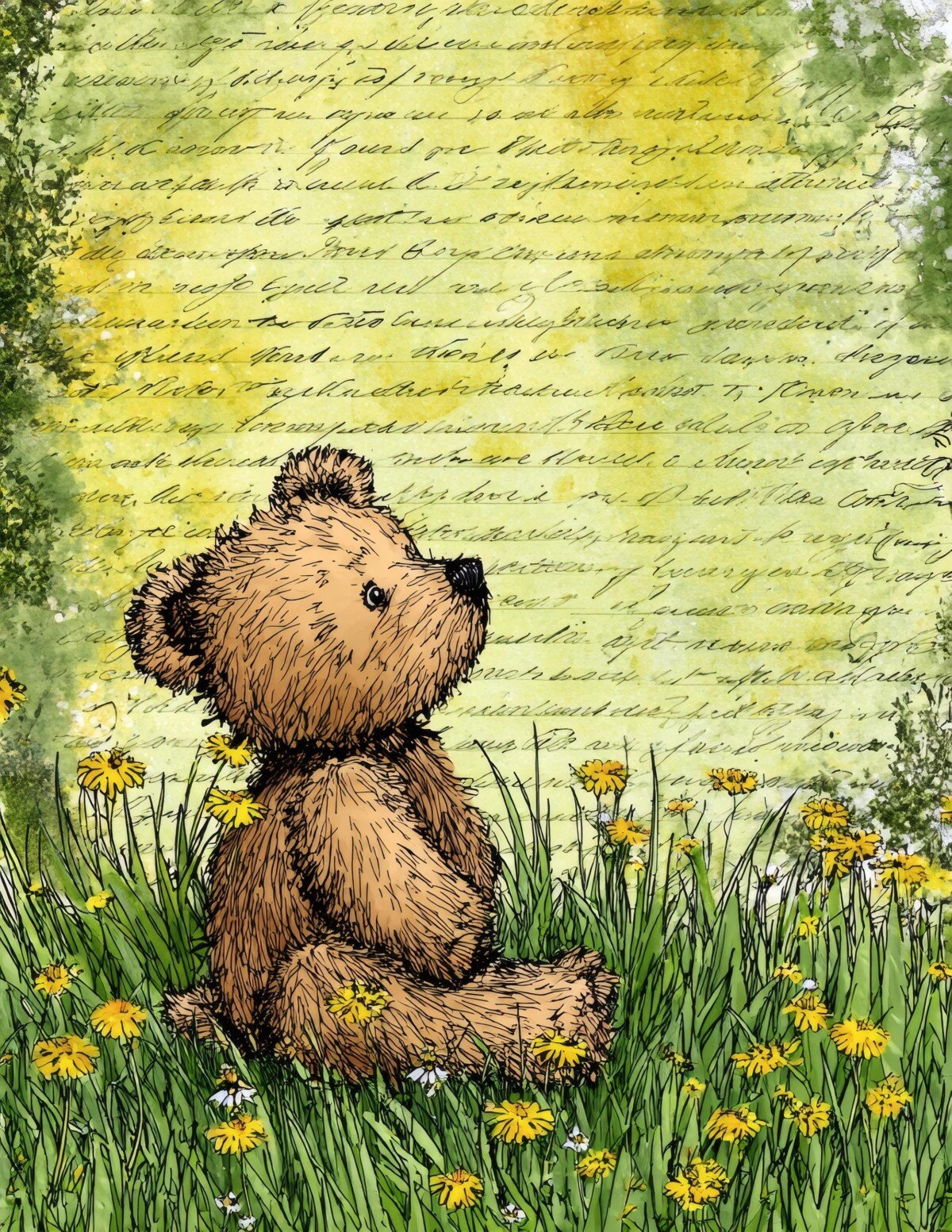 Small teddy bear beneath faded script and green paint