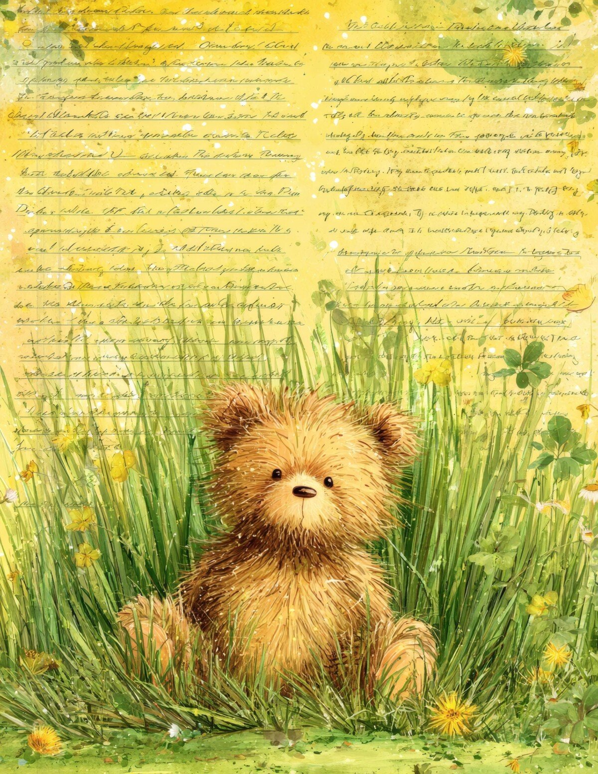 Teddy bear peeking above grass on yellow script paper