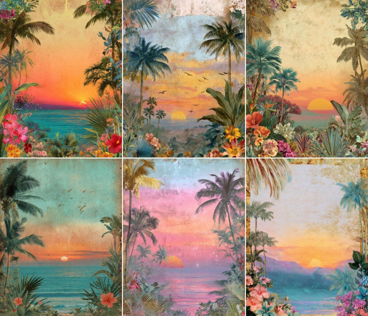 Tropical sunset junk journal pages with palm trees, ocean views and colorful skies – preview 1