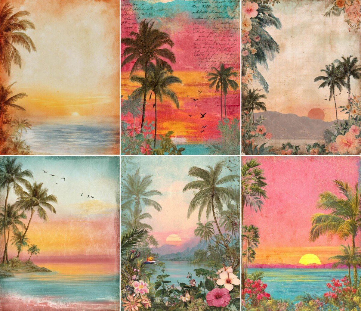 Tropical sunset junk journal pages with palm trees, ocean views and colorful skies – preview 6