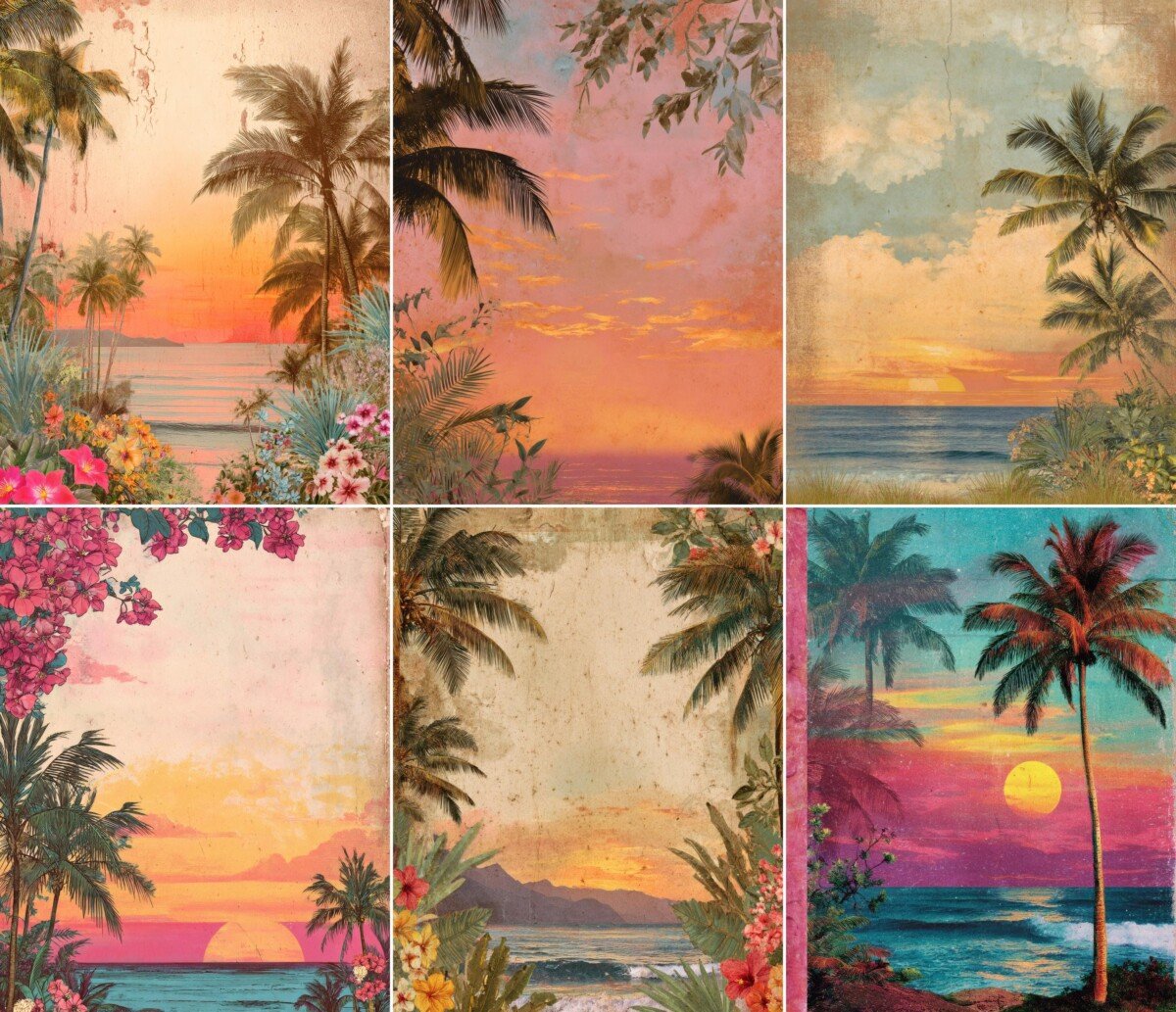 Tropical sunset junk journal pages with palm trees, ocean views and colorful skies – preview 2