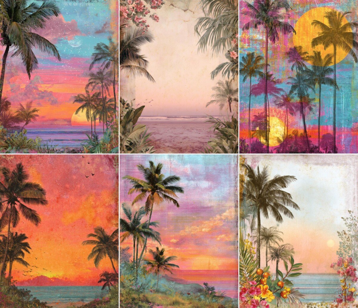 Tropical sunset junk journal pages with palm trees, ocean views and colorful skies – preview 4