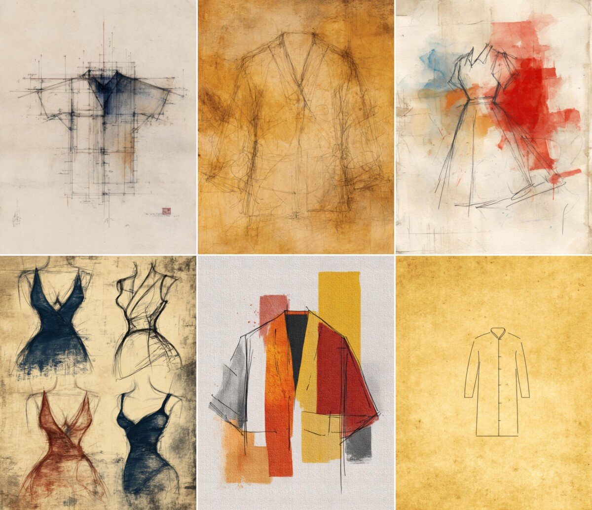Fashion drawing digital papers with garment studies and muted color washes