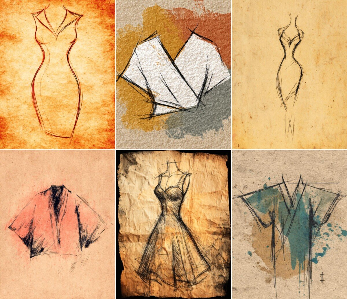 Dress and blouse sketch journal pages on warm textured paper
