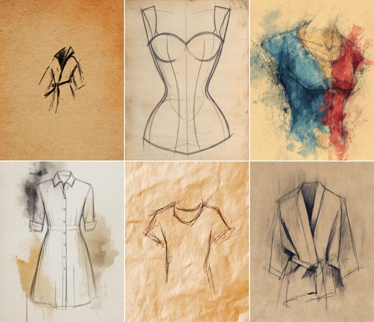 Fashion figure and bodice studies on softly colored backgrounds