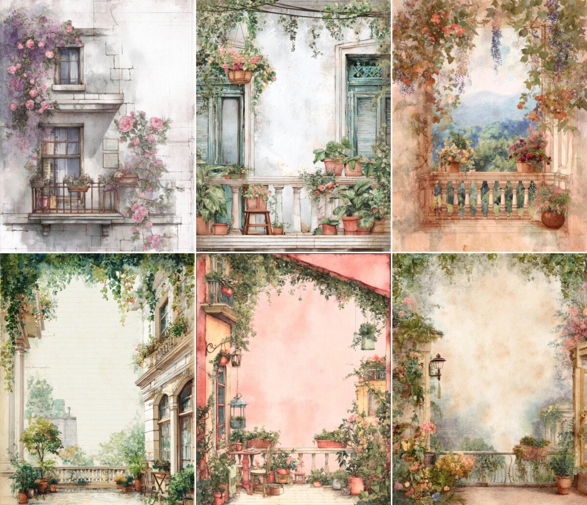 watercolour – 52 Watercolour Luxury Balcony Junk Journal Pages