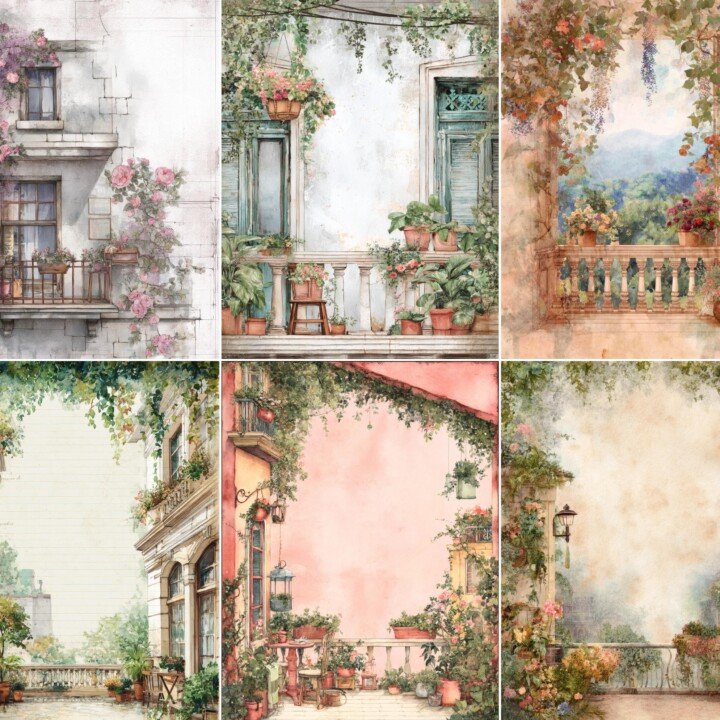 watercolour – 52 Watercolour Luxury Balcony Junk Journal Pages