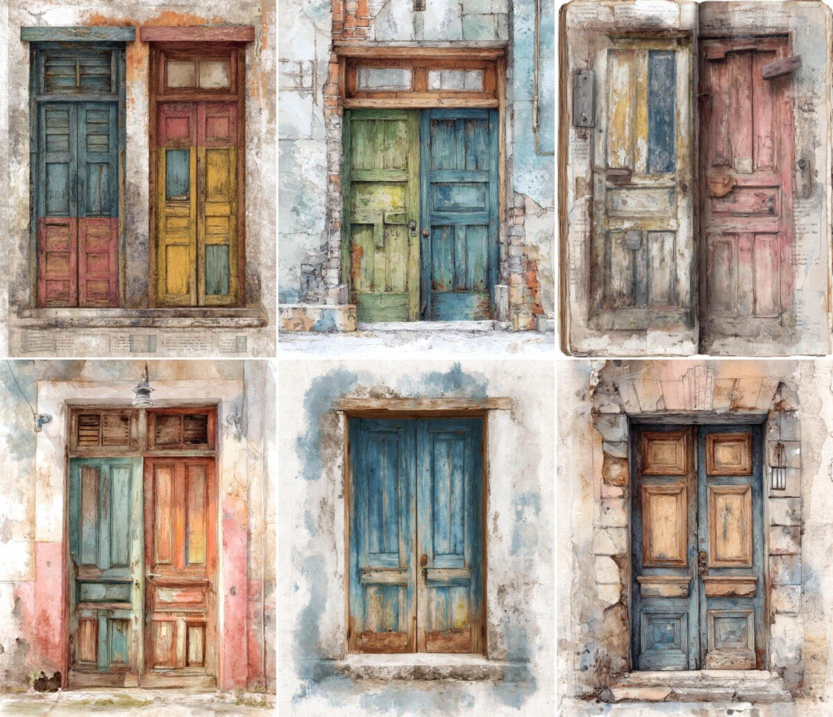 watercolour – 68 Watercolour Old Door Junk Journal Pages