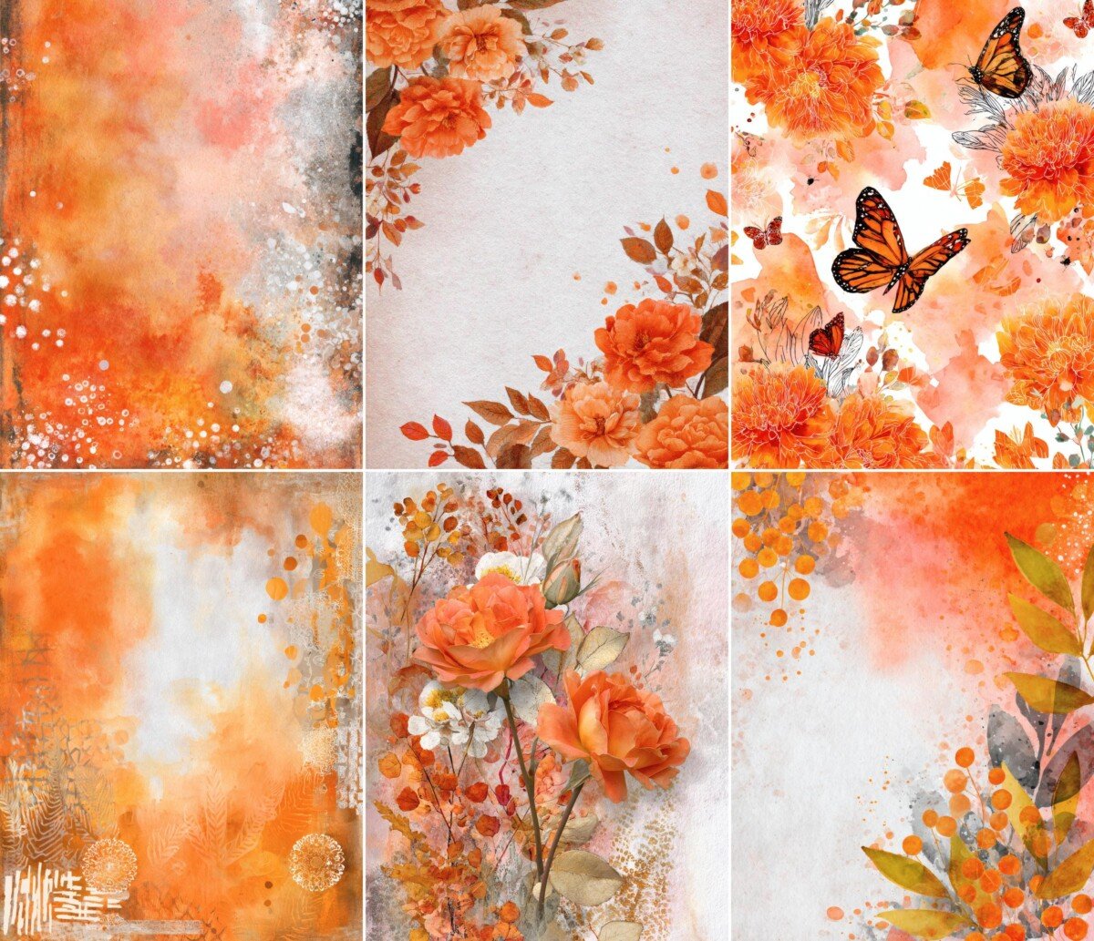 watercolour – 52 Watercolour Orange Dream Junk Journal Pages