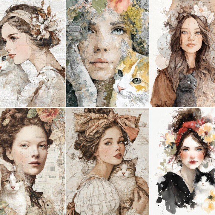 watercolour – 52 Watercolour Woman & Cat Junk Journal Pages