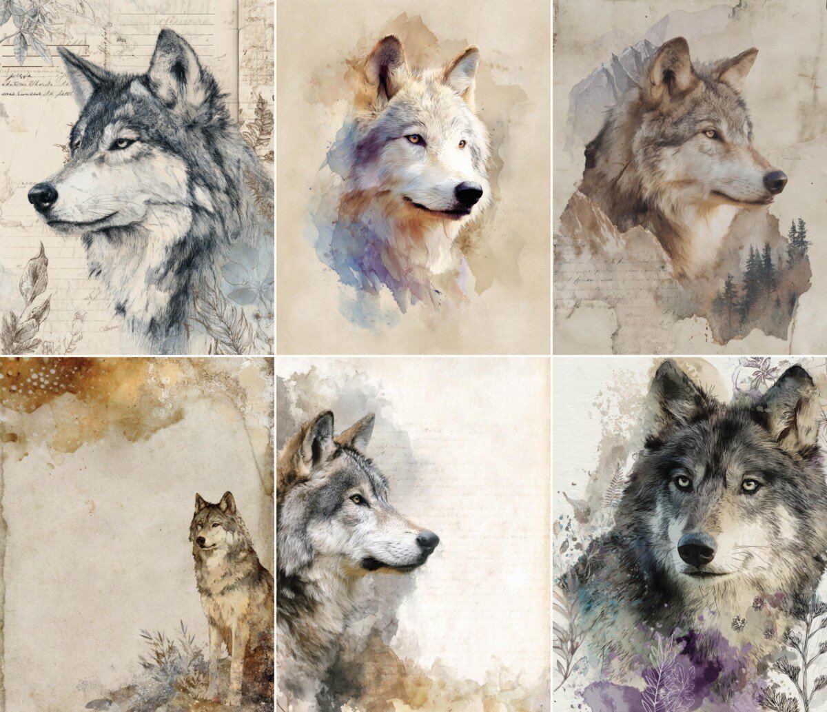 Vintage-style wolf portraits on muted botanical collage papers