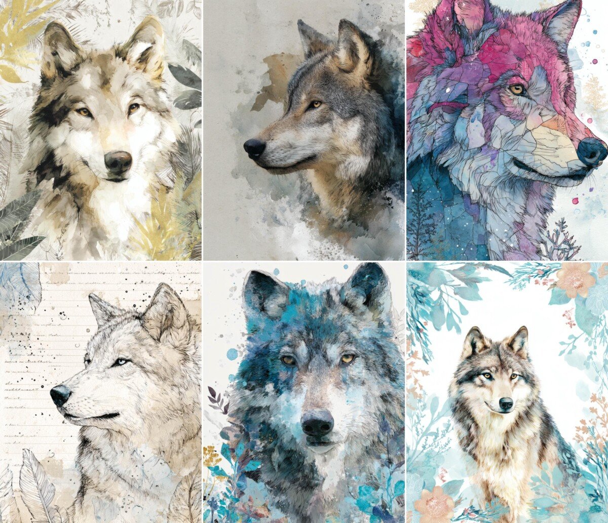 Wolf portrait digital papers with blue washes and floral collage