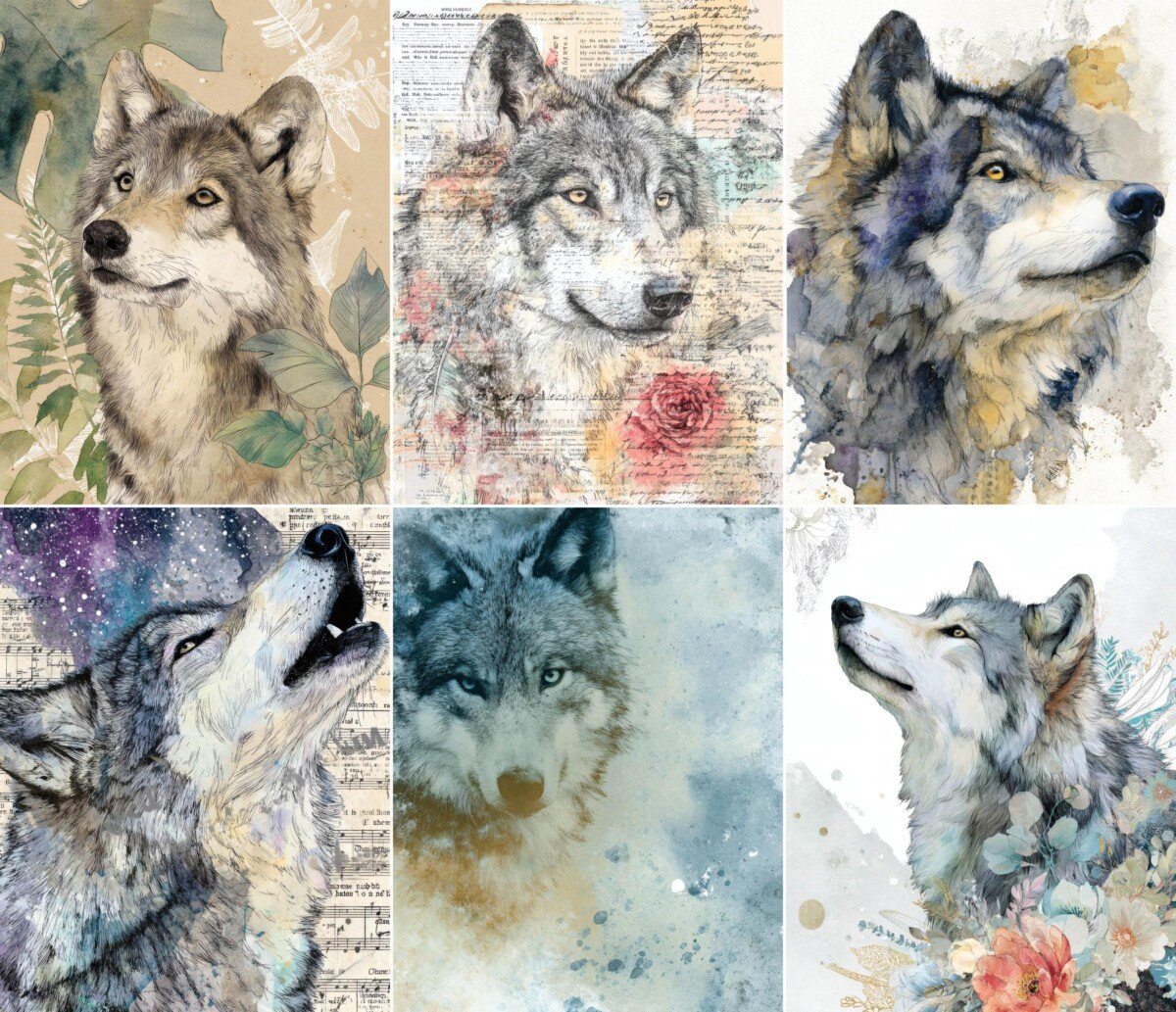 Watercolor wolf junk journal pages with botanical and vintage paper backgrounds
