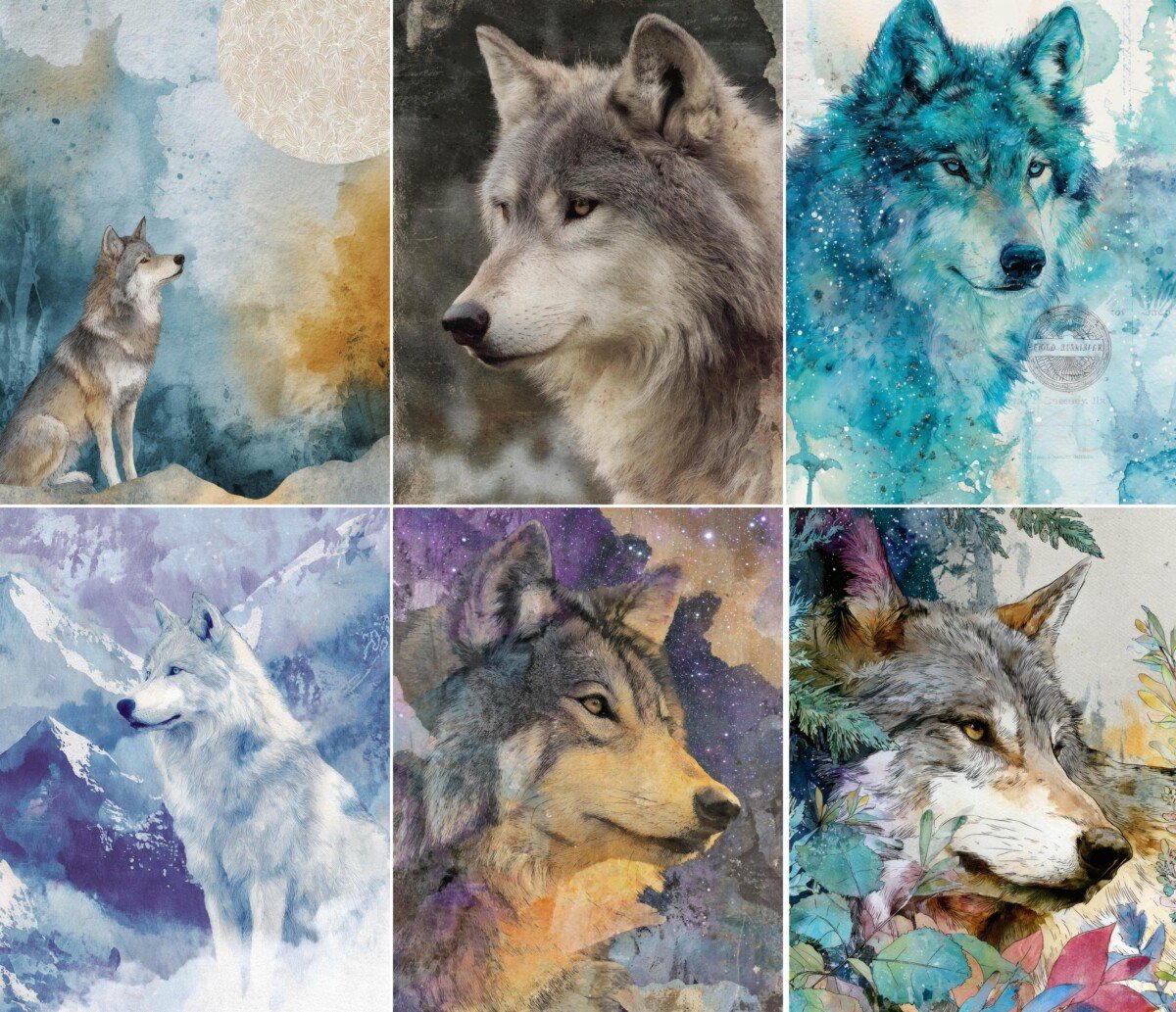 Woodland wolf digital papers with layered watercolor textures