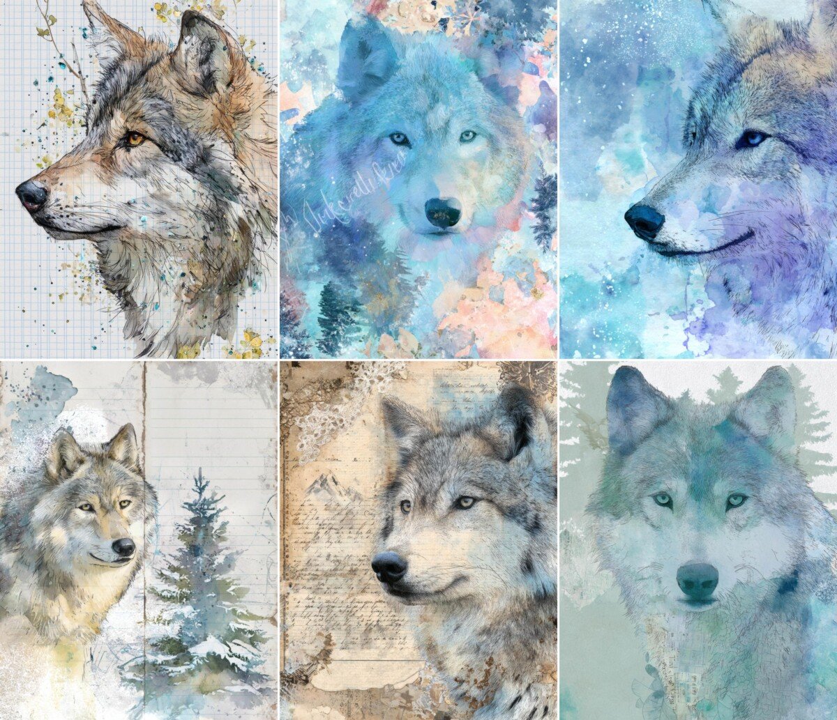 Watercolor wolf portraits with soft blue washes and aged paper