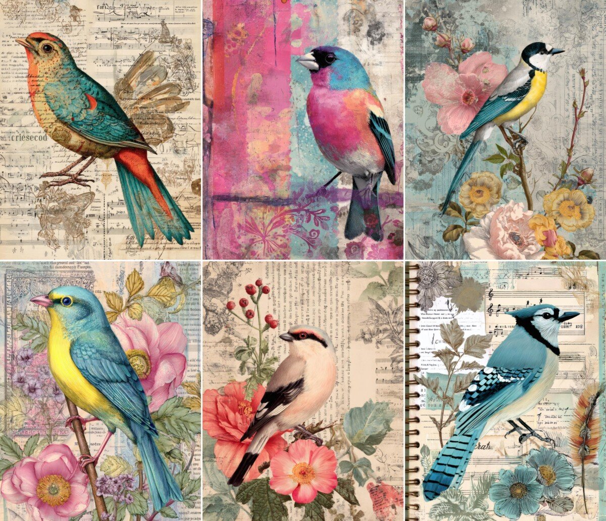 Colorful bird collage pages with flowers and layered vintage paper