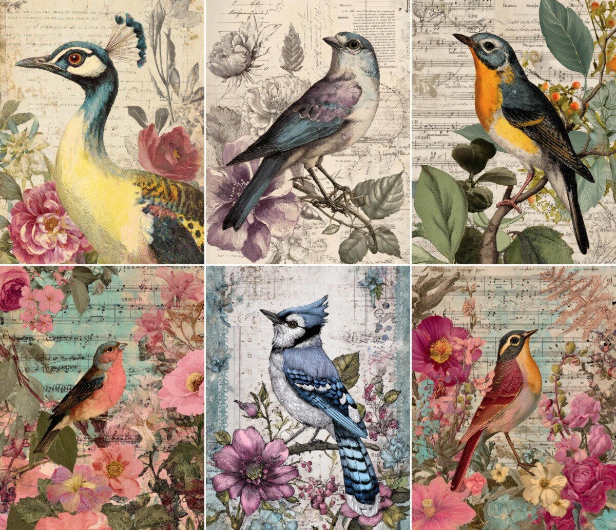 Vintage bird illustrations layered with flowers and antique text