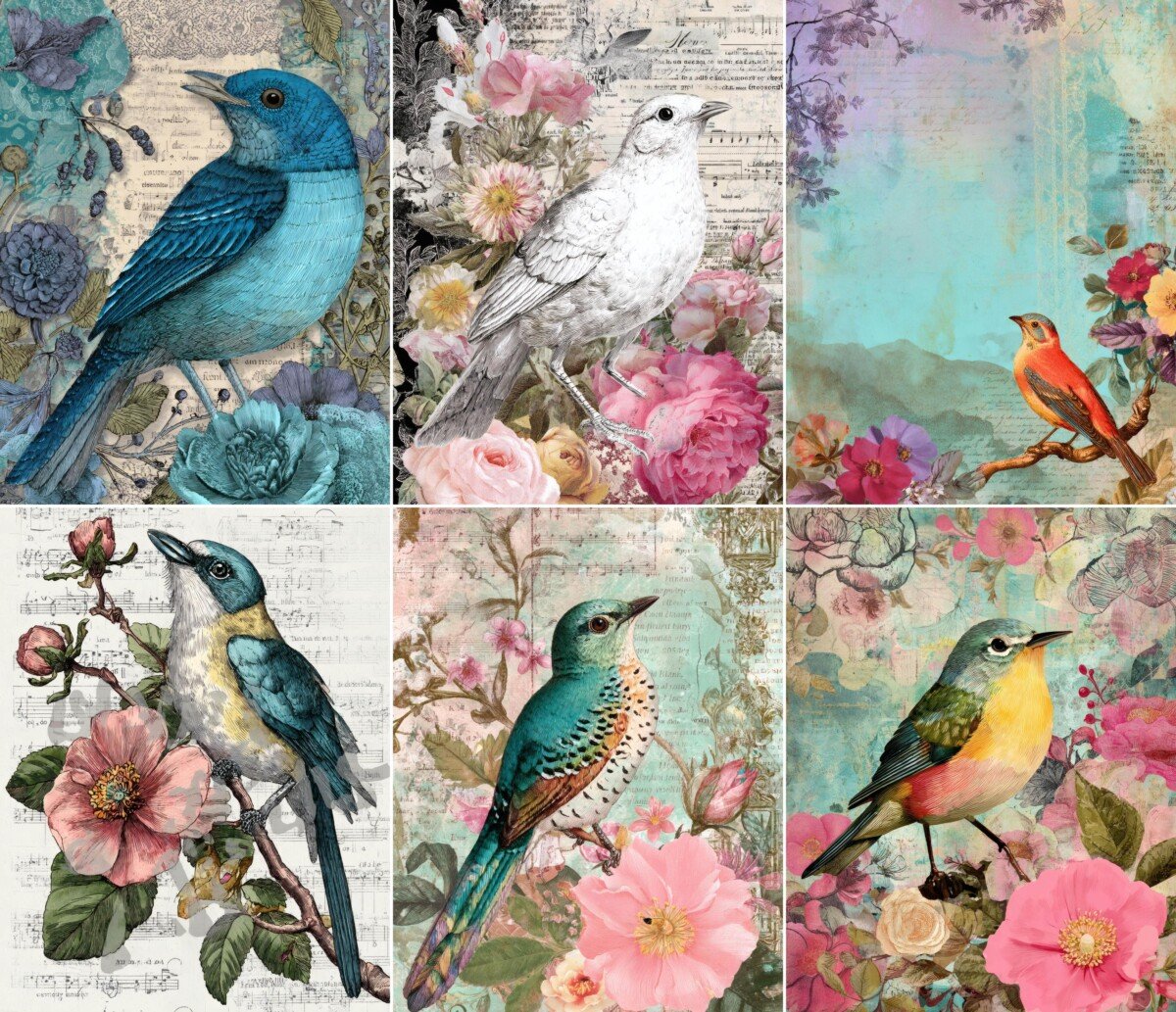 Blue and white birds with floral details and bright collage textures