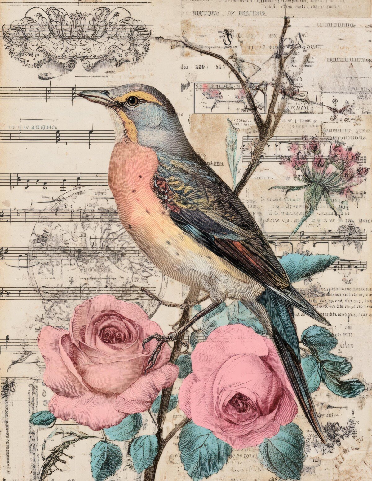 Long-beaked bird over faded sheet music and floral paper