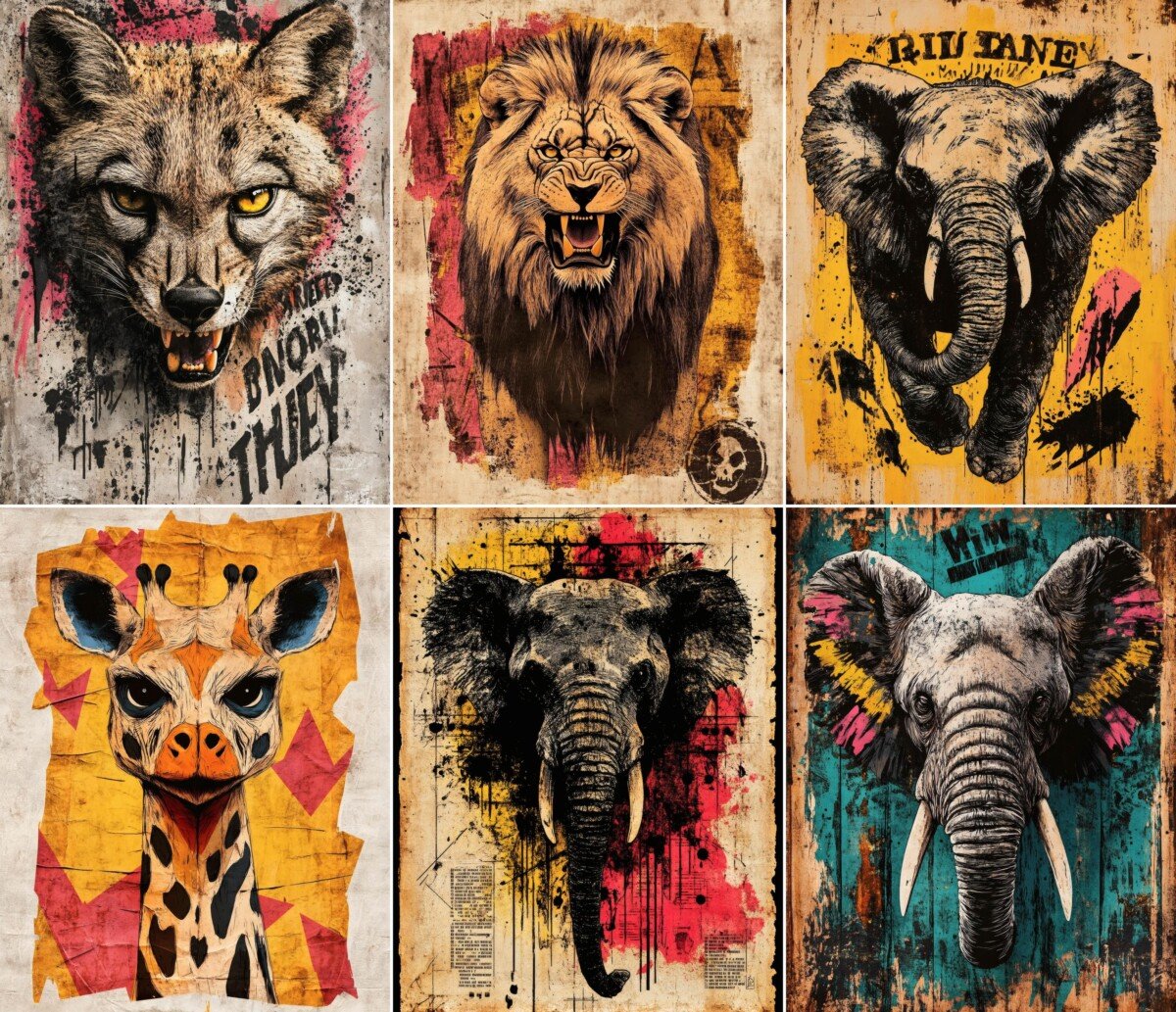 Bold animal portrait with distressed vintage poster textures, preview 3