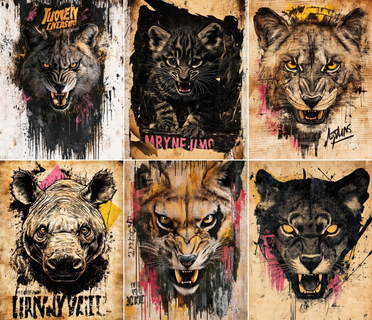 Bold animal portrait with distressed vintage poster textures, preview 2