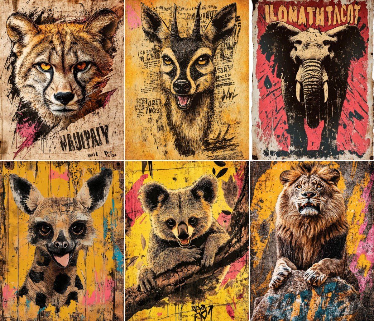 Bold animal portrait with distressed vintage poster textures, preview 4