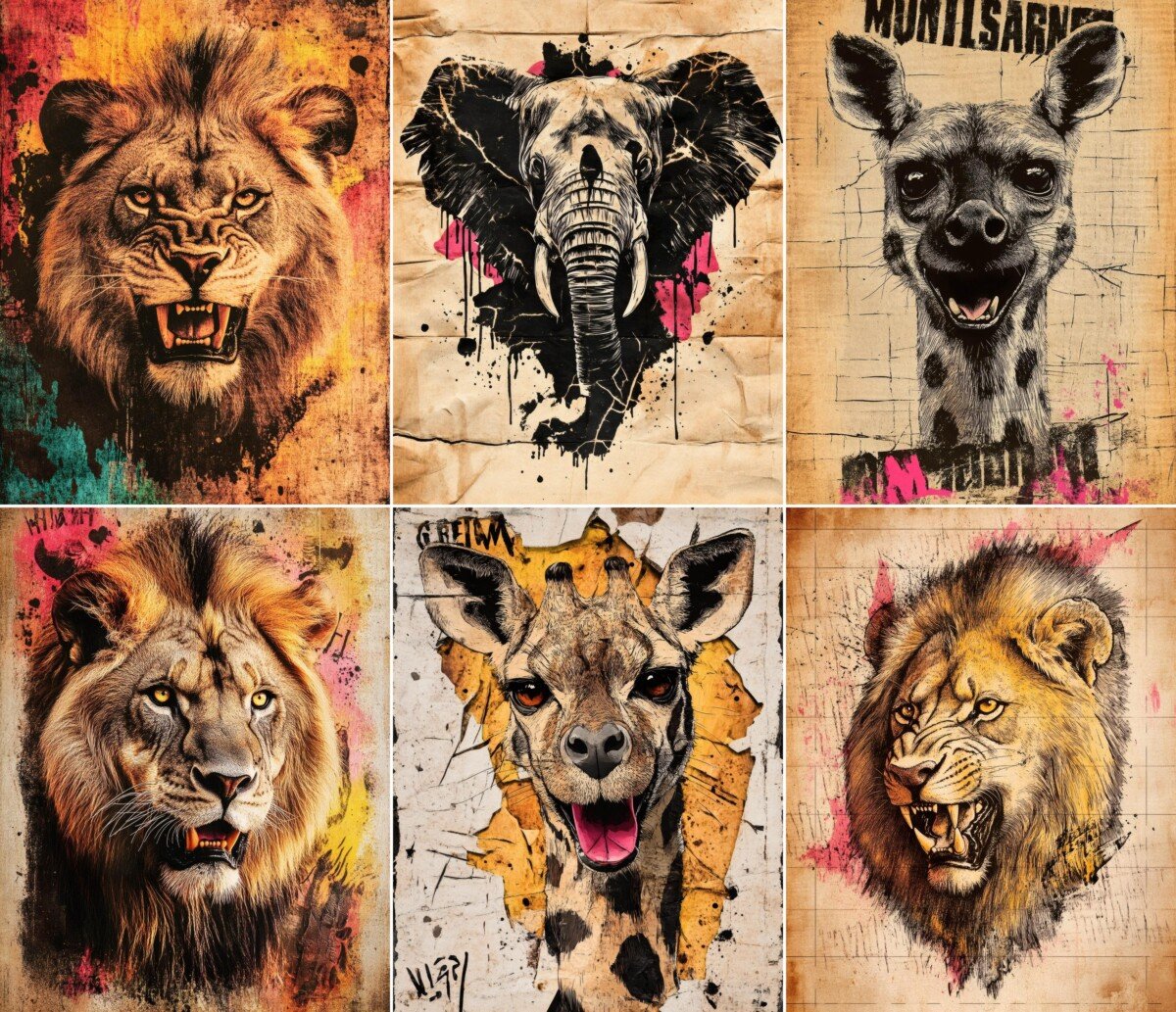 Bold animal portrait with distressed vintage poster textures, preview 5