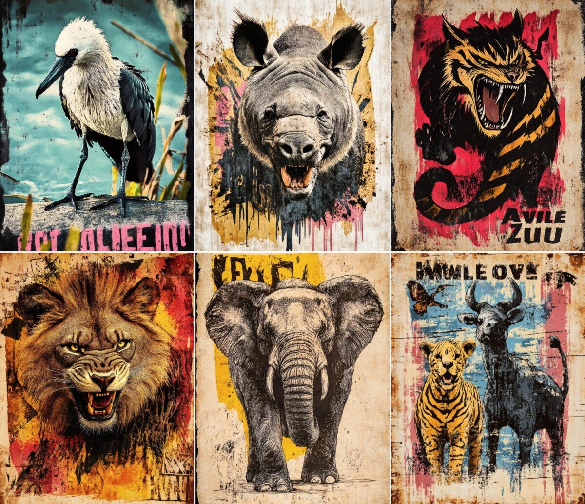 Bold animal portrait with distressed vintage poster textures, preview 6
