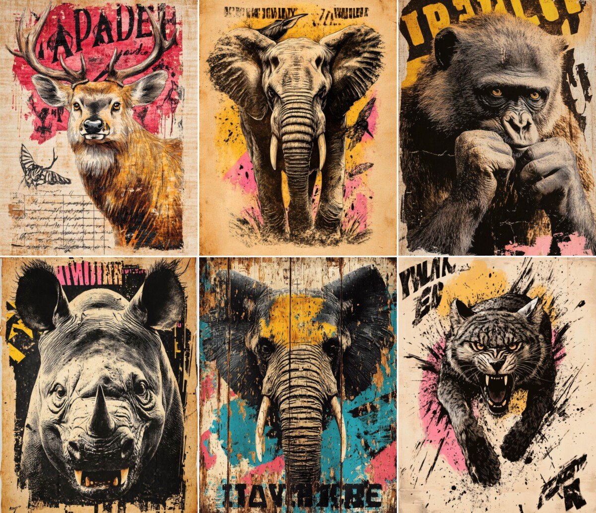 Bold animal portrait with distressed vintage poster textures, preview 9