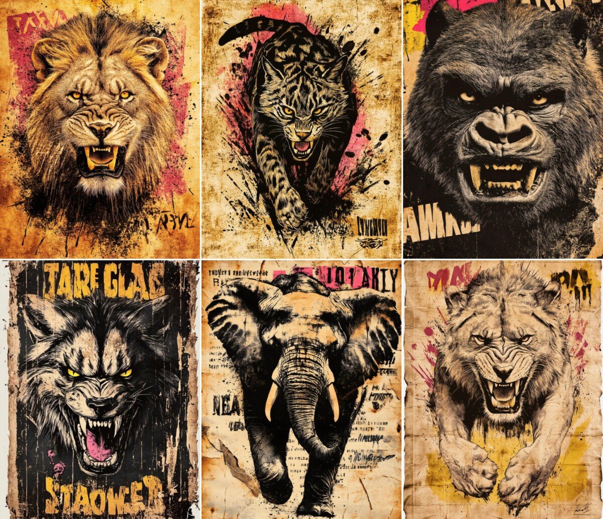 Bold animal portrait with distressed vintage poster textures, preview 10