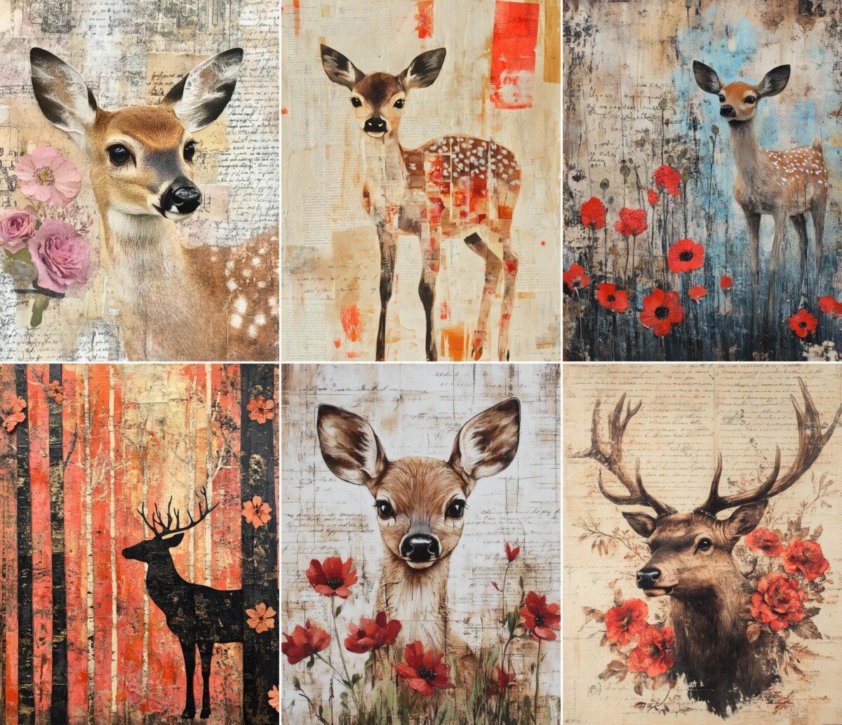 Fawns and forest imagery over vintage paper backgrounds