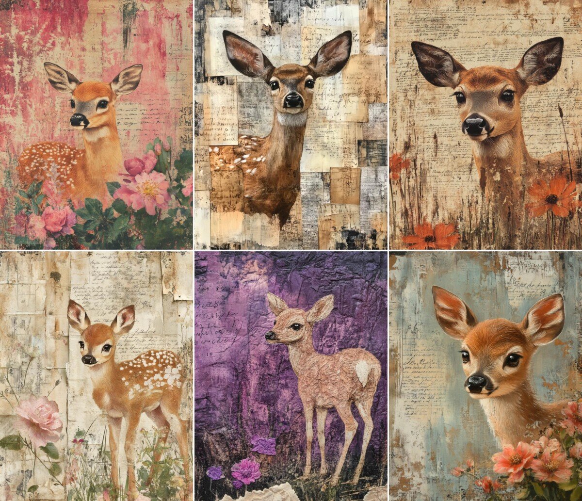 Woodland deer with faded script and rose details