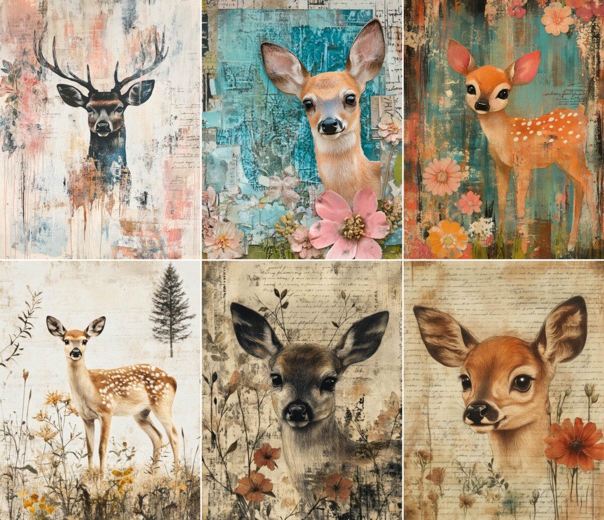 Floral deer portraits in soft teal and cream collage