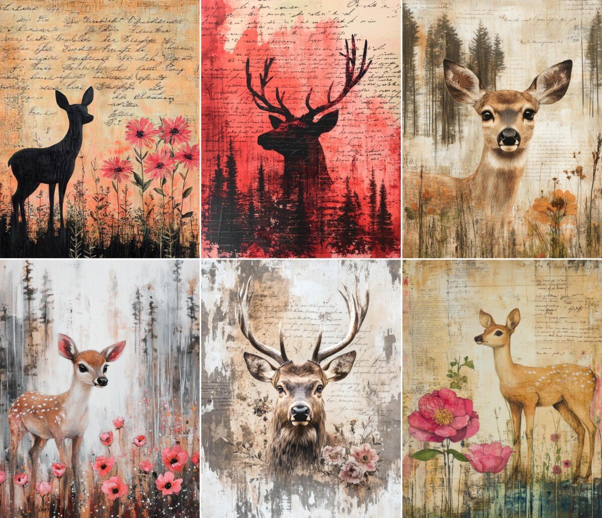 Antlered deer silhouettes with pink woodland textures