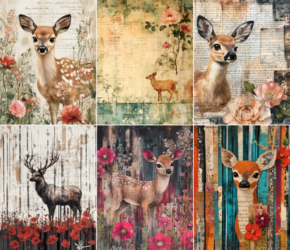 Fawns with flowers on faded cream manuscript paper