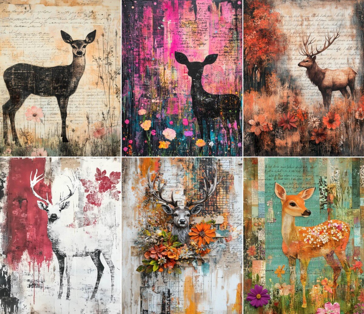 Deer and forest silhouettes with vivid floral collage