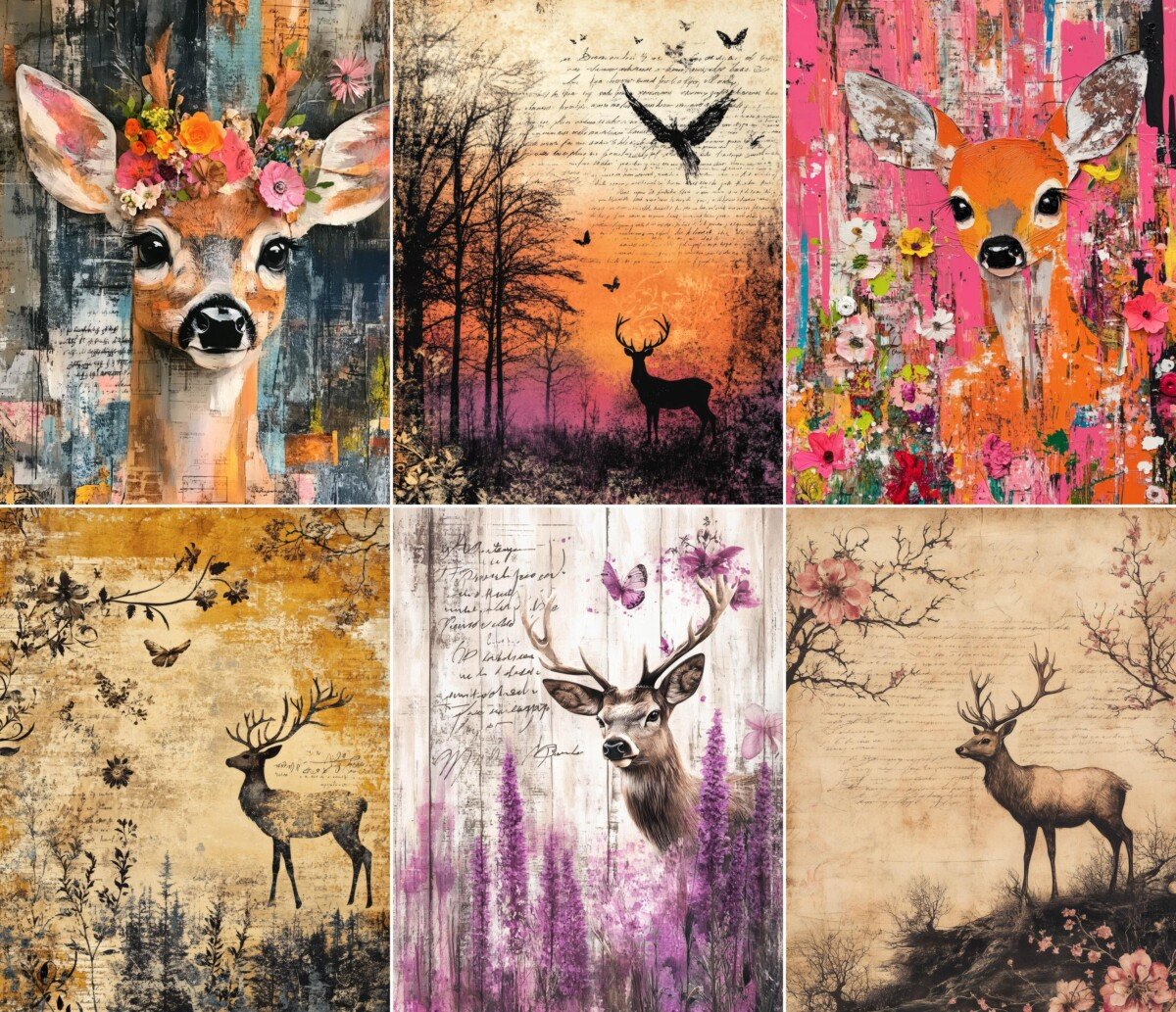 Deer portraits and woodland silhouettes in colorful collage