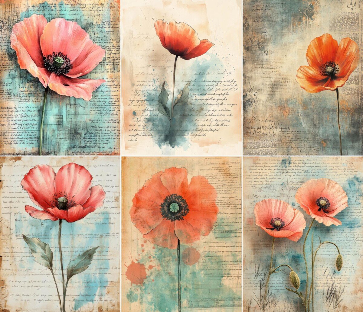 Poppy blooms on aged manuscript journal paper, preview 4