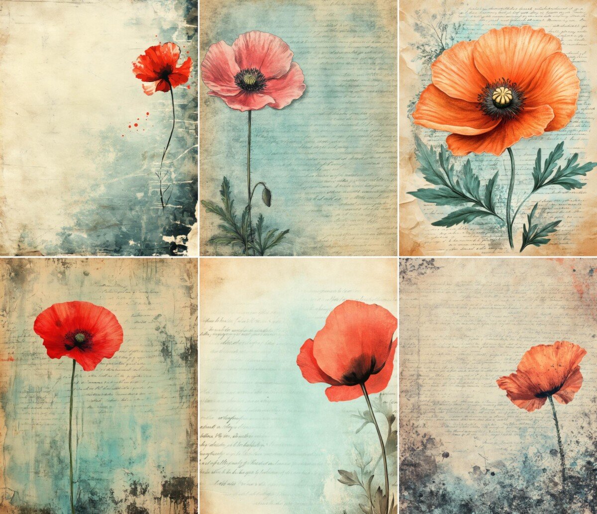 Poppy blooms on aged manuscript journal paper, preview 5