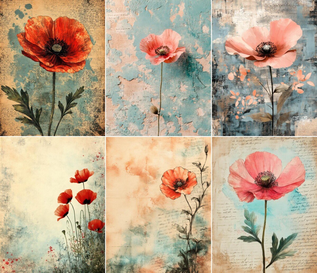 Poppy blooms on aged manuscript journal paper, preview 2