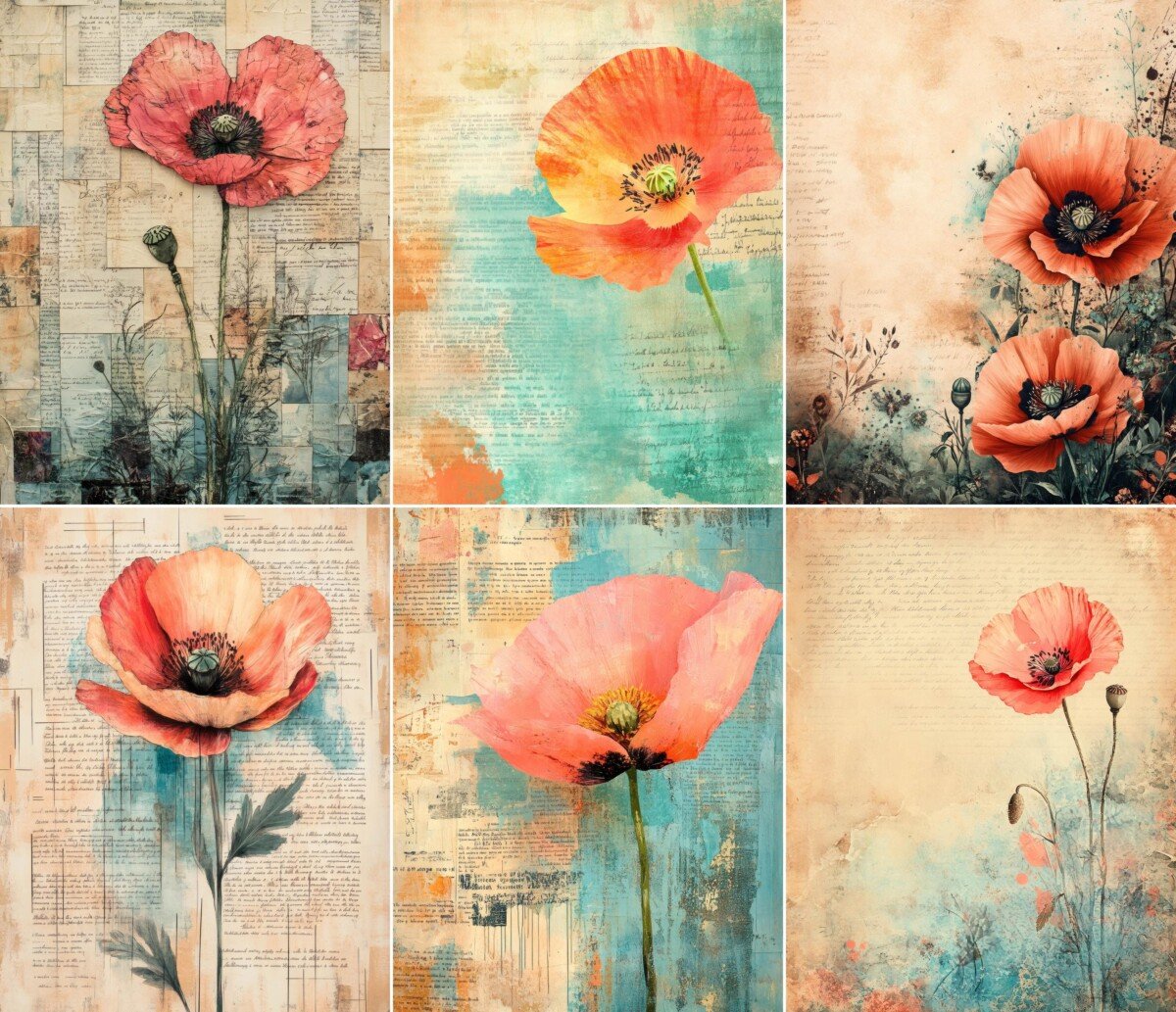 Poppy blooms on aged manuscript journal paper, preview 9