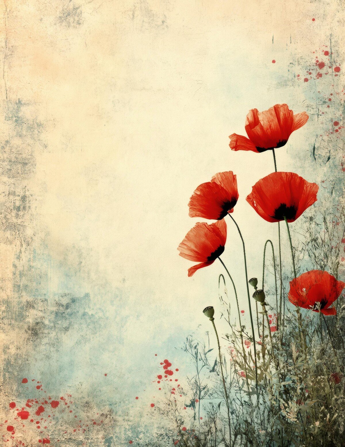 Poppy blooms on aged manuscript journal paper, preview 8