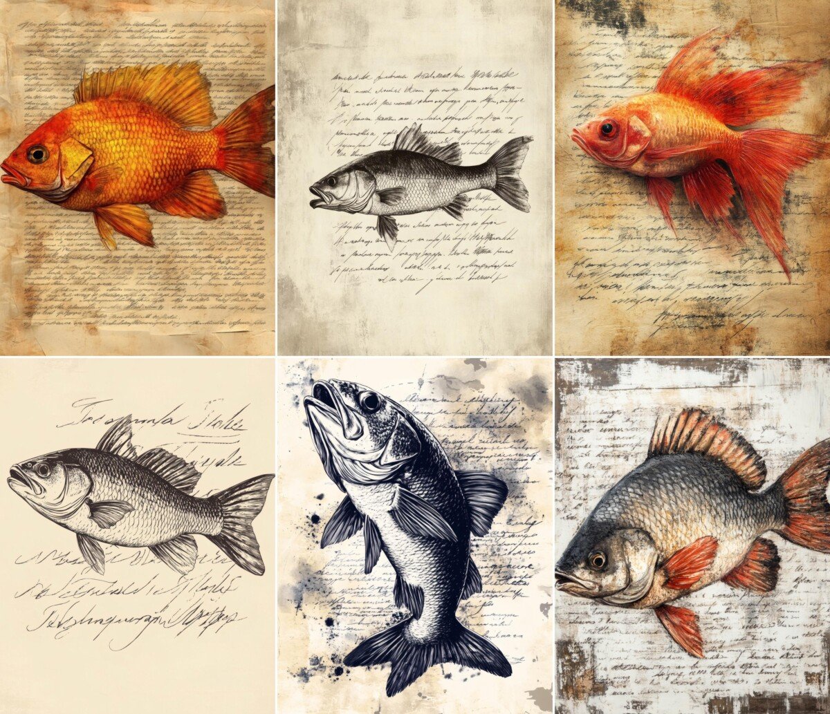 Orange and monochrome fish illustrations over faded script