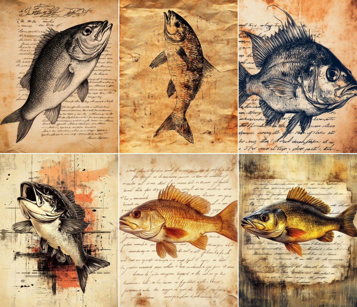 Fish artwork with weathered script and parchment backgrounds