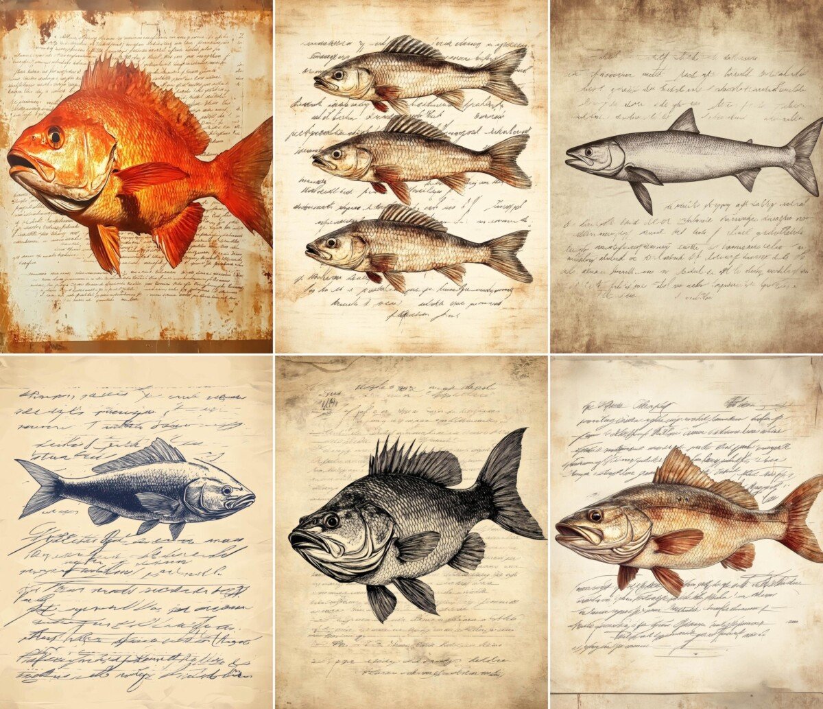 Vintage fish junk journal pages with aquatic illustrations on aged paper