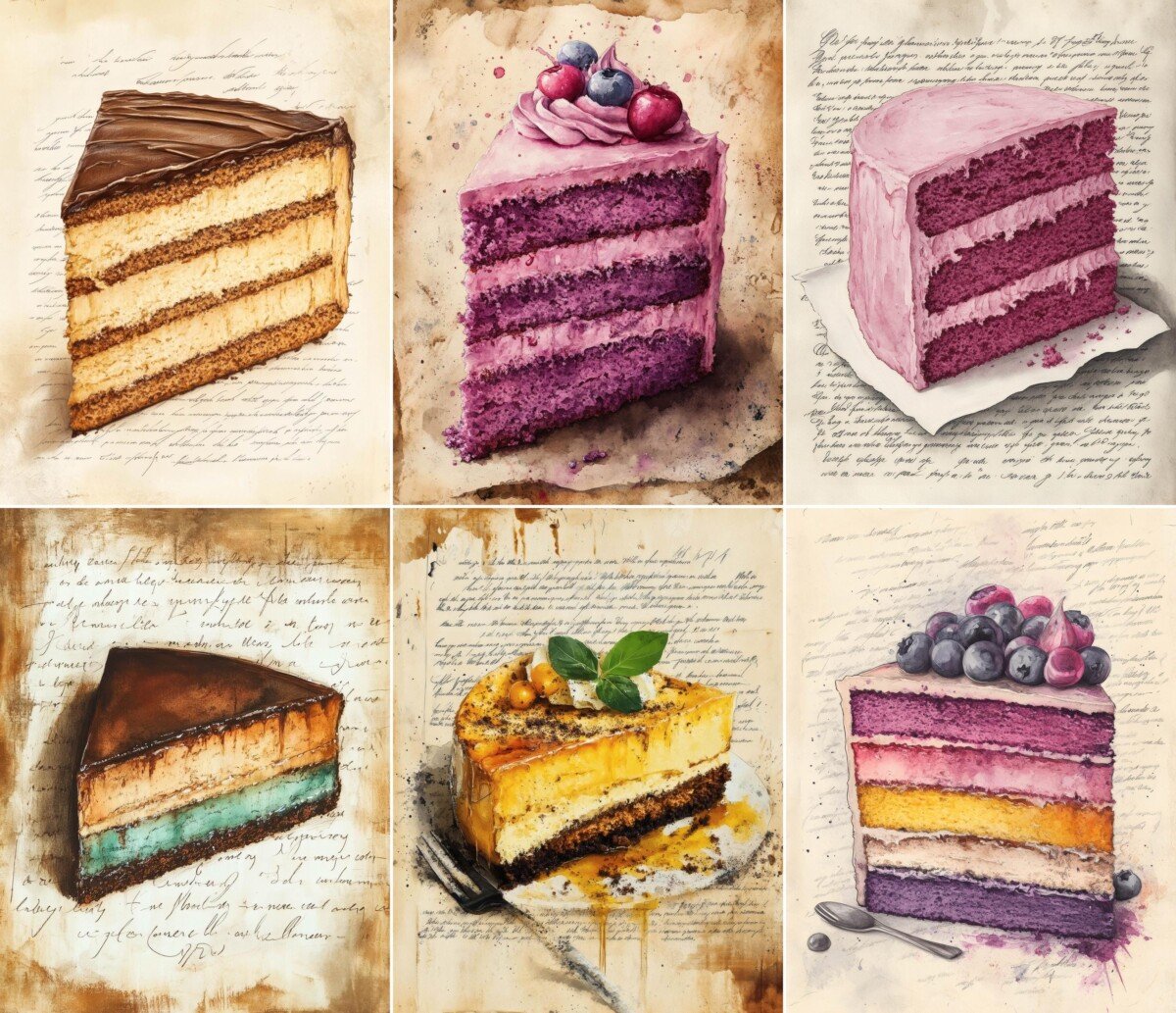 Watercolor cake slices with pink and golden layers