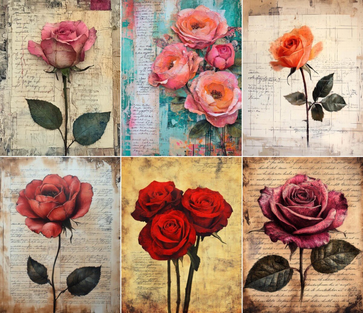 Pink rose bouquets and single stems on aged backgrounds